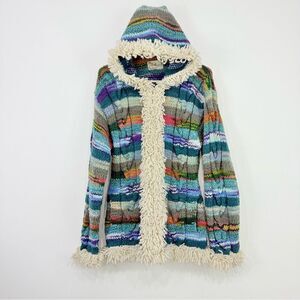 Amano Artisan Handmade Colorful Stripe Hooded Boho Fringe Retro Cardigan Sweater